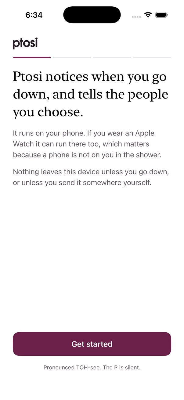The first onboarding screen, reading Ptosi notices when you go down, and tells the people you choose