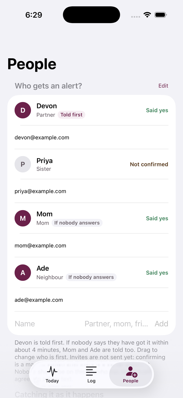 The People screen, showing Devon marked Told first and two other contacts marked If nobody answers